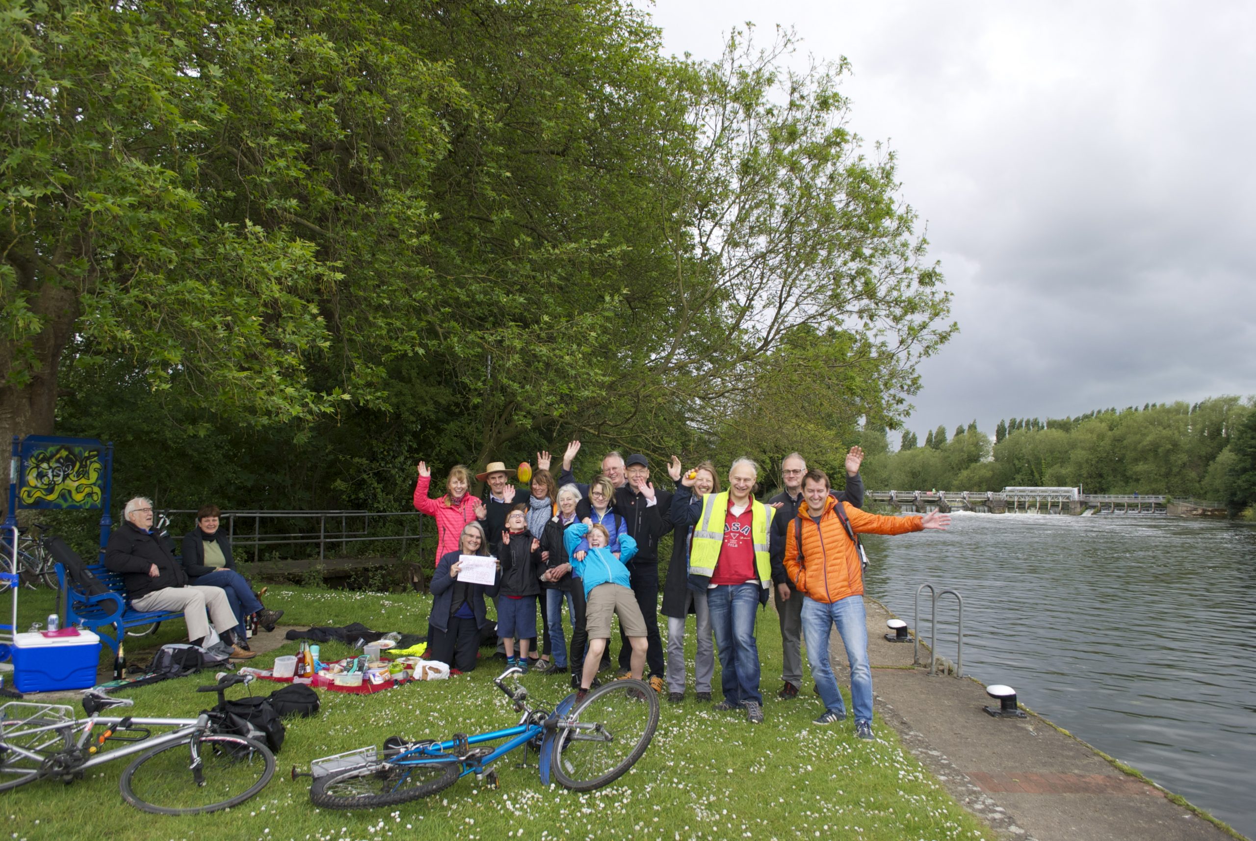 Group of Reading Hydro members celebrating by Caversham Weir