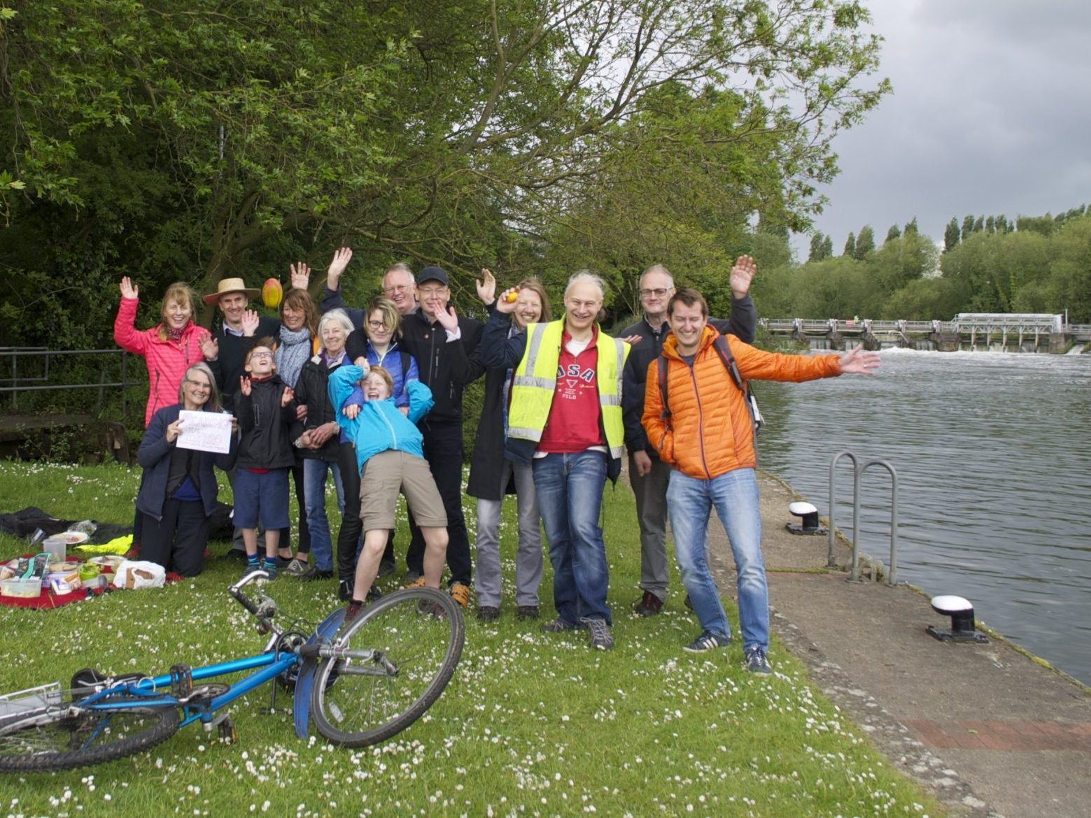 Group of Reading Hydro members celebrating by Caversham Weir