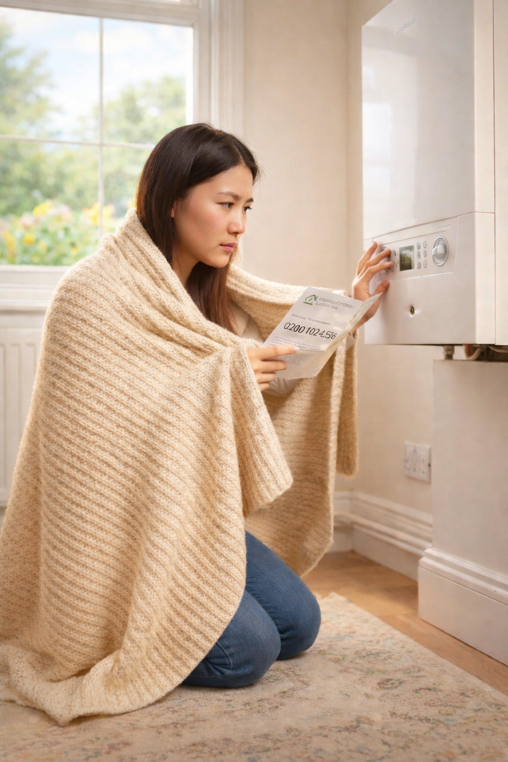 Woman wearing a blanket adjusting her boiler