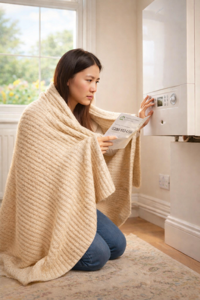 Woman wearing a blanket around her shoulders, adjusting her boiler